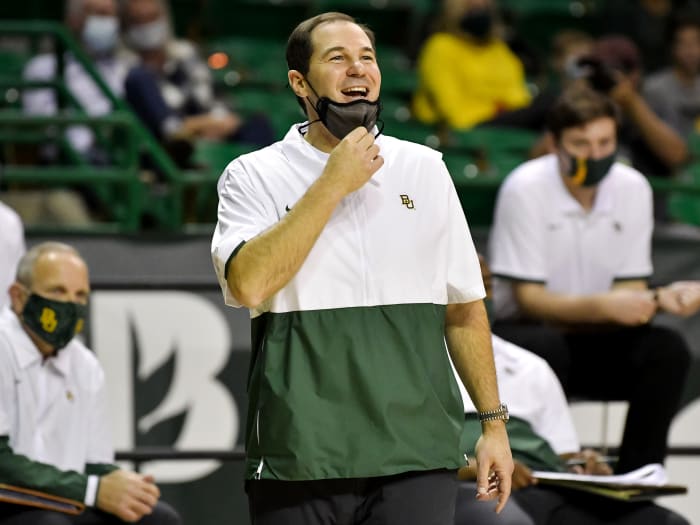 Dec 9, 2020; Waco, Texas, USA; Baylor Bears head coach Scott Drew celebrates a play against Stephen F. Austin Lumberjacks at Ferrell Center.
